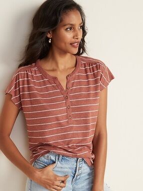 Old Navy Rust Stripe Linen Blend Henley Top